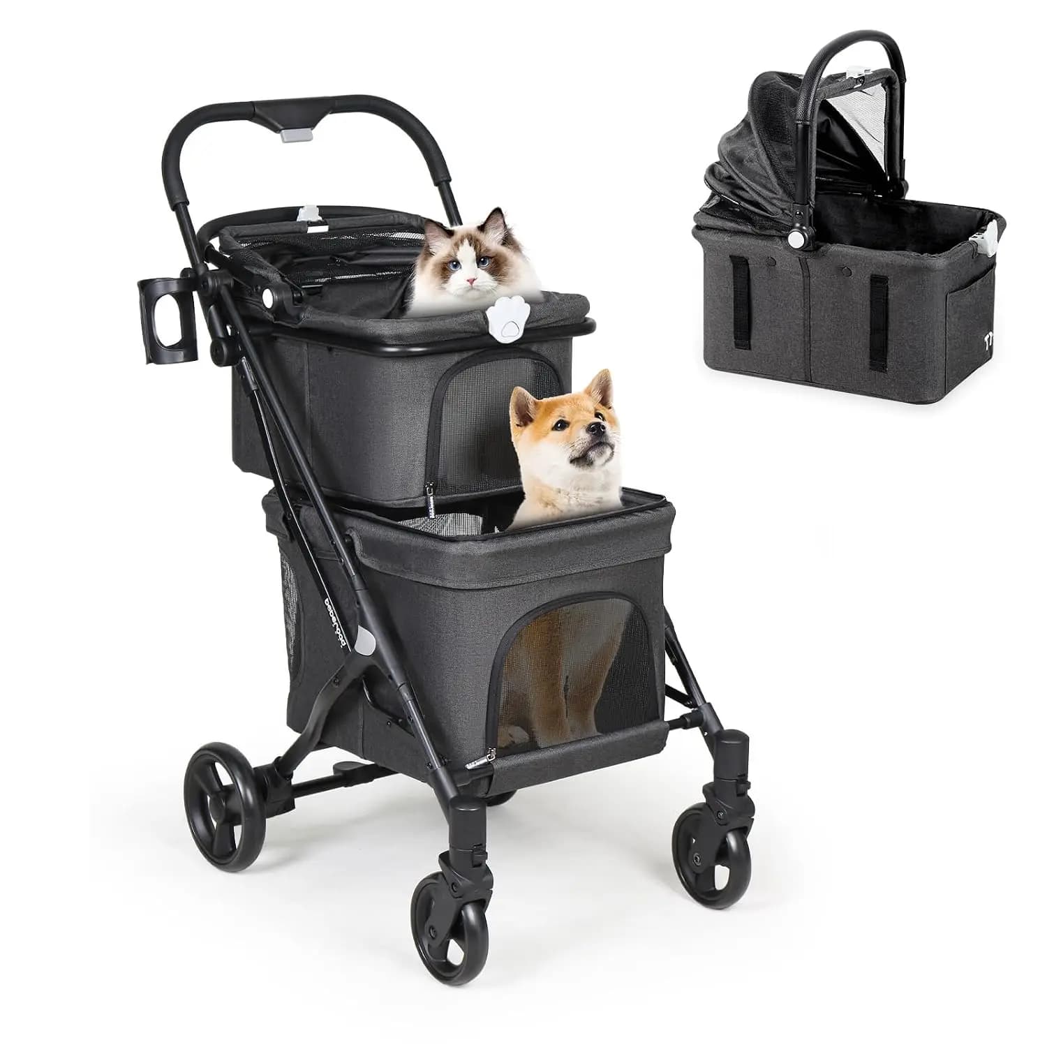 T1 Double Pet Stroller for Small Dogs & Cats (Black) | Detachable Carrier, Aluminum Alloy Frame, Larger Rear Wheel, Easy Assembl
