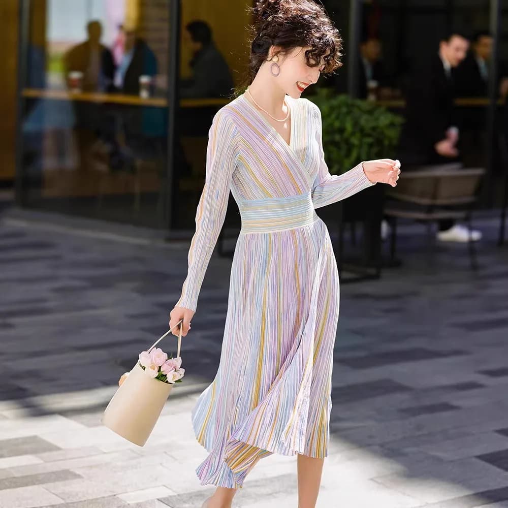 Pastel Rainbow Striped Ribbed Knit Surplice V-Neck Waist-Defined Midi Dress Stretchy Wrap Dress Romantic Chic Trendy Daily Date