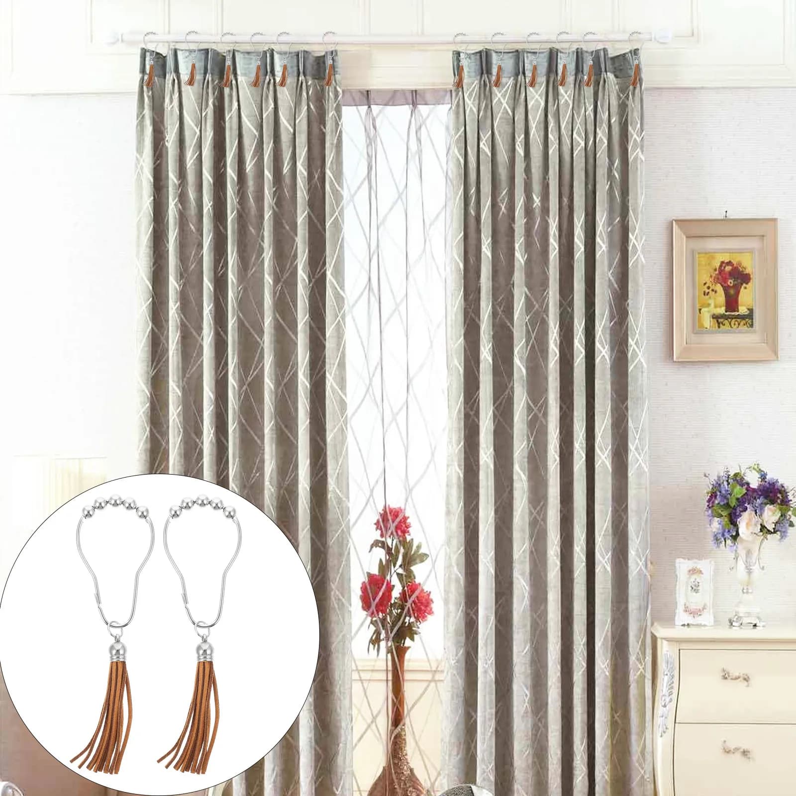 12Pcs Shower Curtain Hooks Tassel Decor Bead Hangers for Bathroom Modern Traditional Spaces Easy Install Rust Resistant Stylish