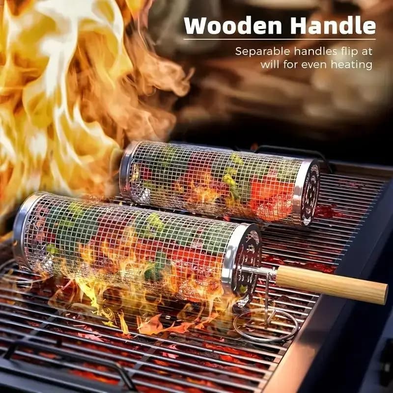 Stainless Steel BBQ Grill Basket, Round Rolling Cylinder Cage, Wire Mesh Rotating Rack for Meat Veg Fish, Outdoor Camping Picnic
