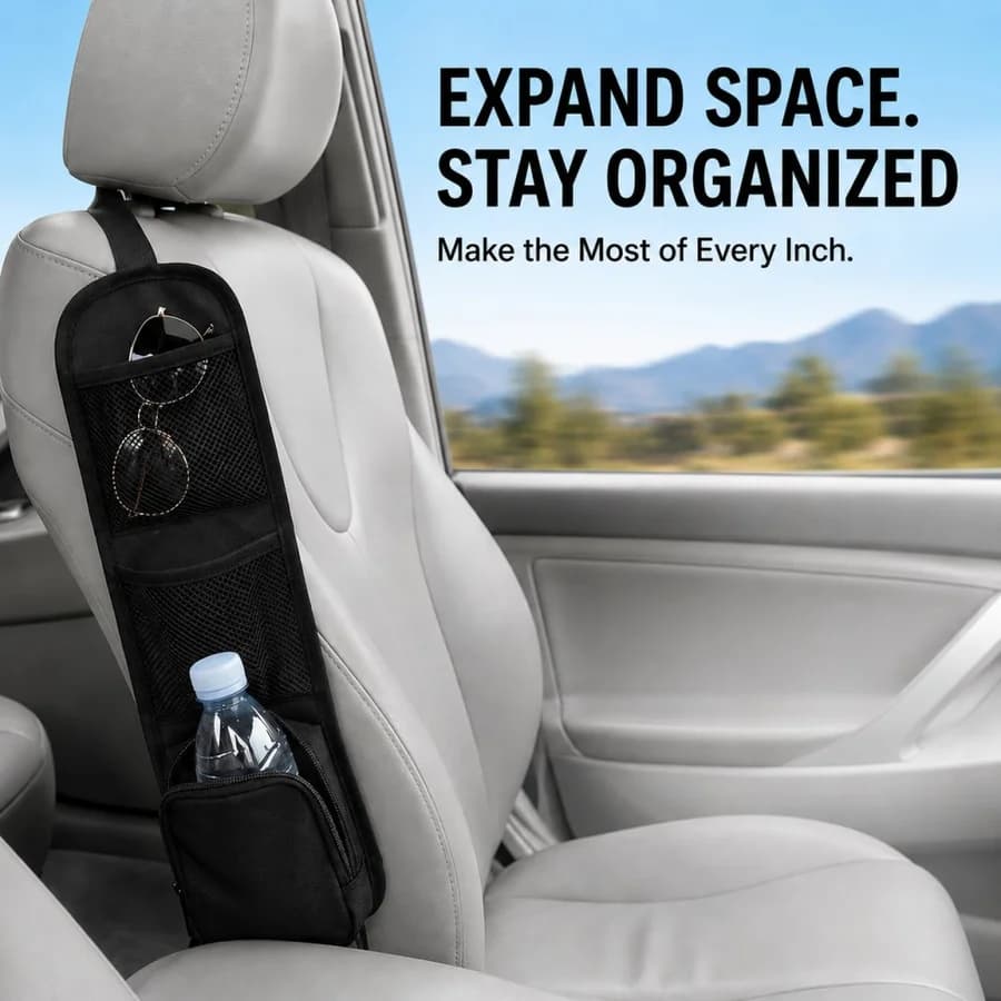 Car Seat Side Hanging Storage Organizer Bag with Mesh Pockets, Seat Side Organizer Zipper Compartment and Elastic Straps