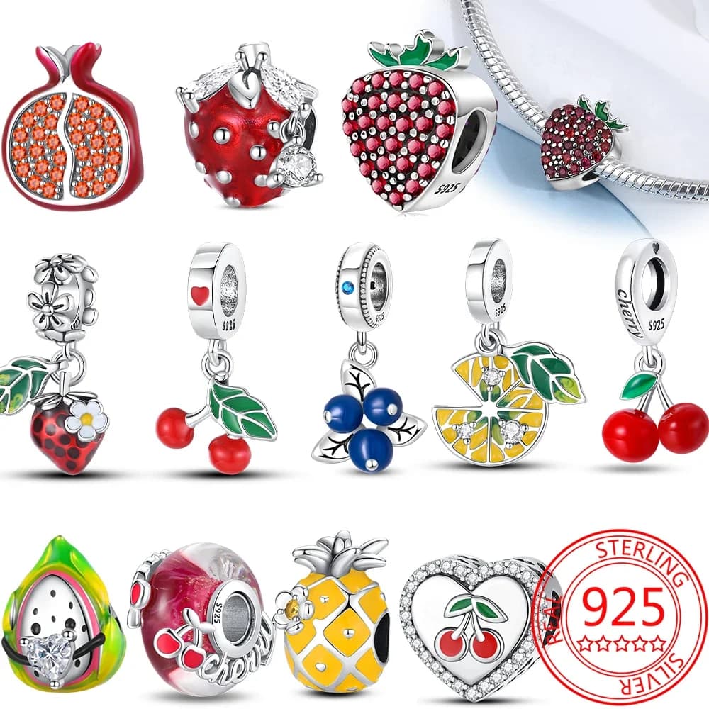 Ciondolo con ciondolo in argento 925 con fragola, ananas, ciliegia, avocado, adatto per braccialetti originali per la creazione di gioielli da donna