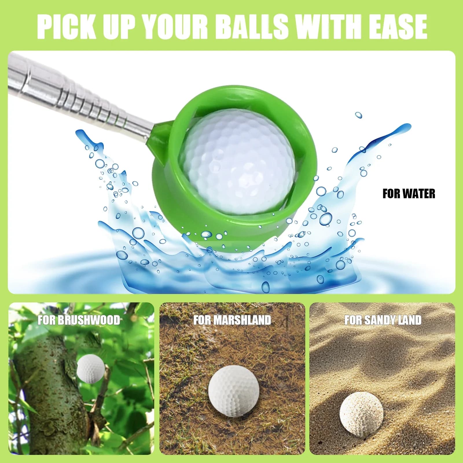Raccogli Palline da Golf Leggero in Acciaio Inossidabile (Retrattile 2,7 m), Impugnatura Facile da Afferrare, Regalo Perfetto per Golfisti