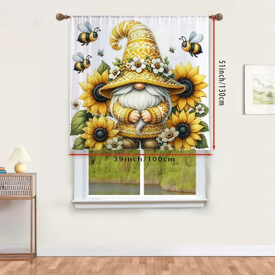 1PC Sheer Curtain Sunflower Gnome Bee Yellow Print, Rod Pocket Window Curtain for Living Room Summer Garden Decor