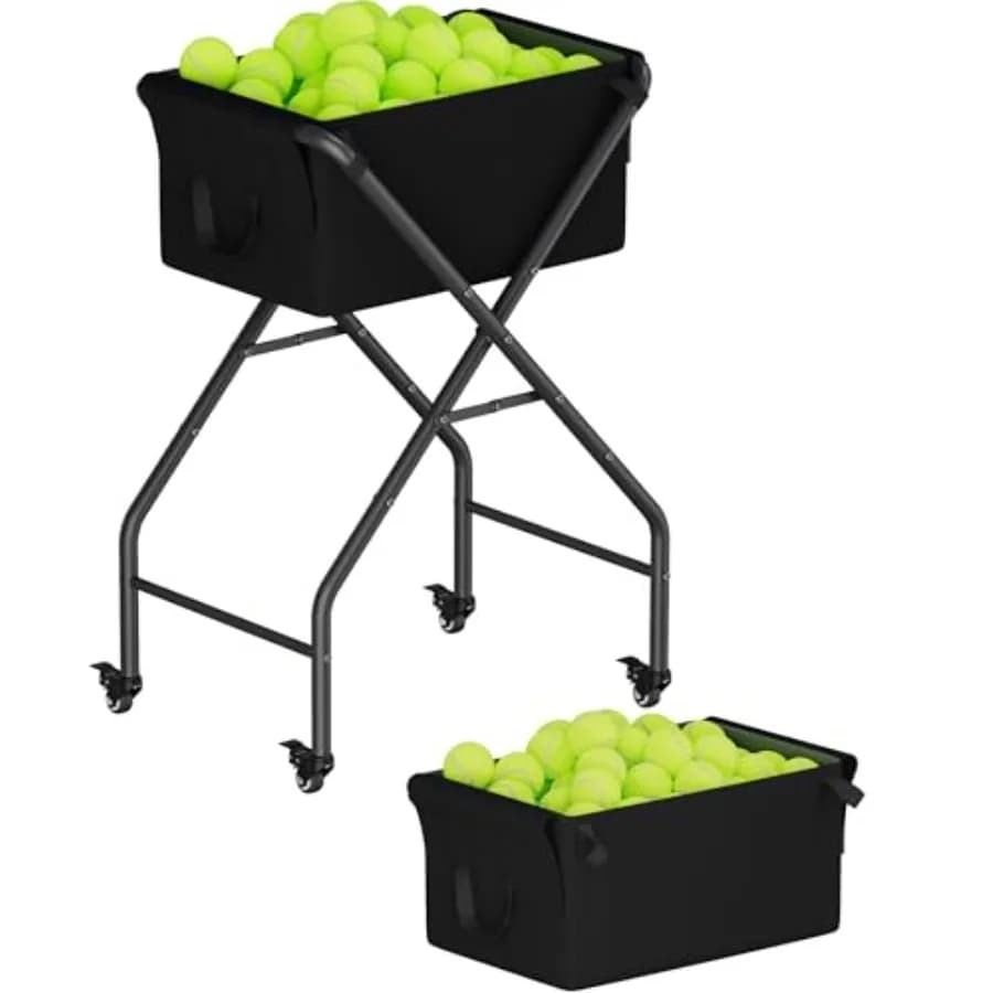 Carrello Portapalline da Tennis con Capacità di 175 Palline da Tennis o 140 Palline da Pickleball, Contenitore Portatile con Ruote e Base Pieghevole