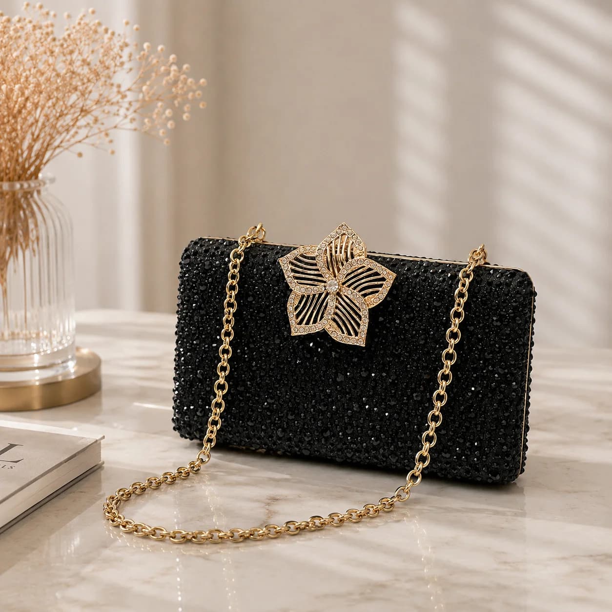 Borsa Clutch da Sera Nera di Lusso con Cristalli, Pochette da Donna con Fiori di Strass per Feste, Borsa a Mano per Matrimoni e Banchetti