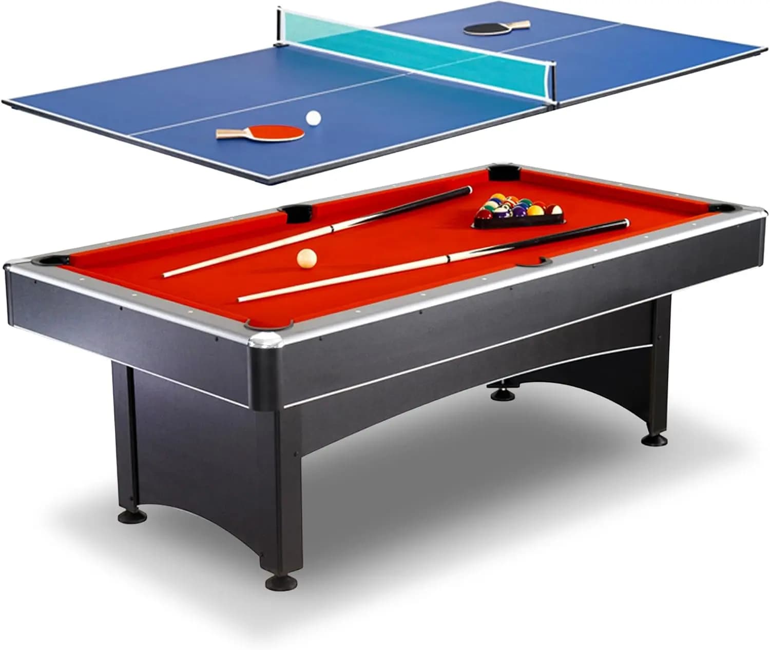 Gioco multiplo per piscina e ping pong da 7 piedi con feltro rosso e superficie blu per ping pong. Include stecche, pagaie e palline