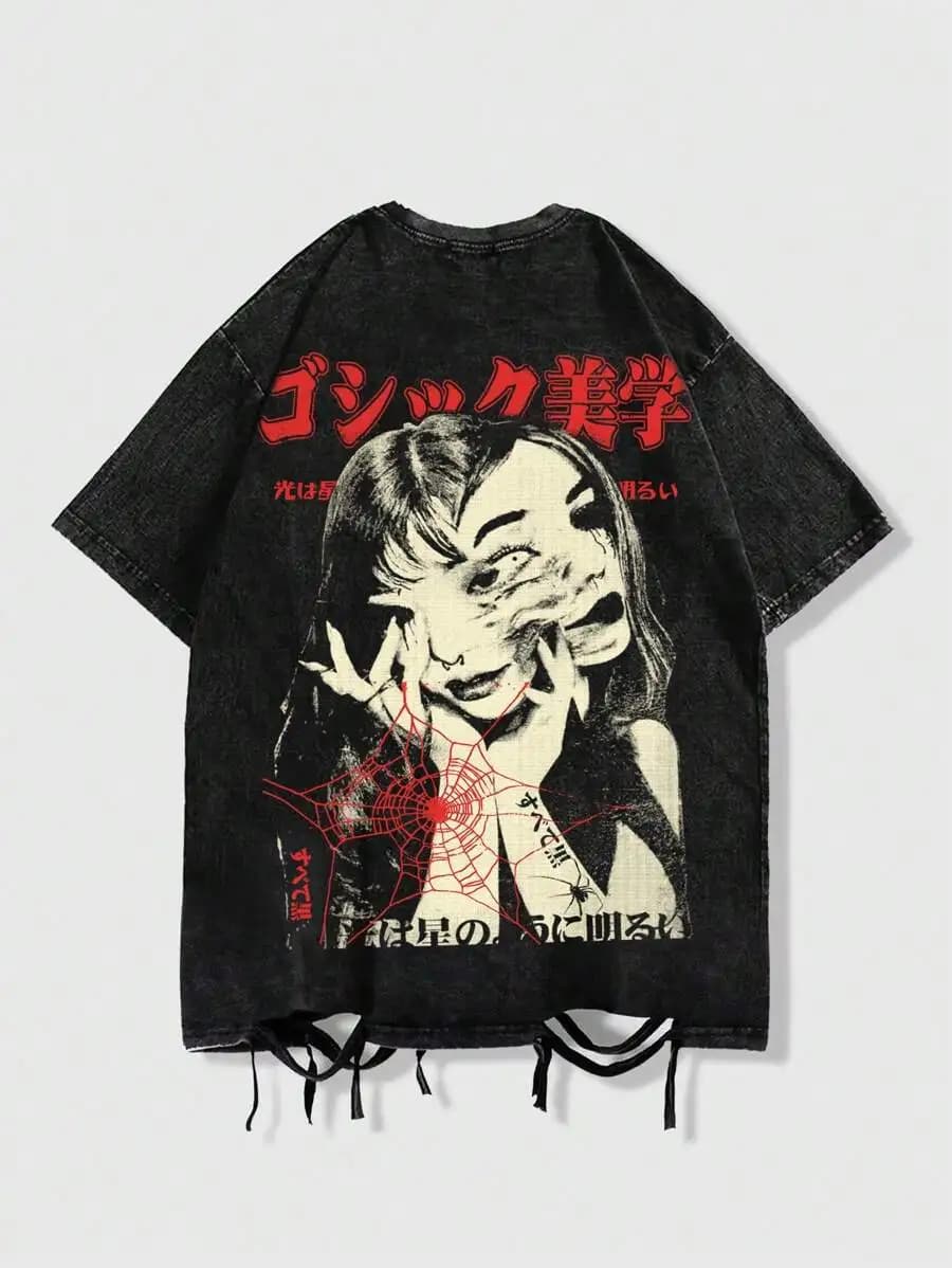 T-shirt casual da uomo con stampa grafica anime primavera/estate, adatta per l'estate