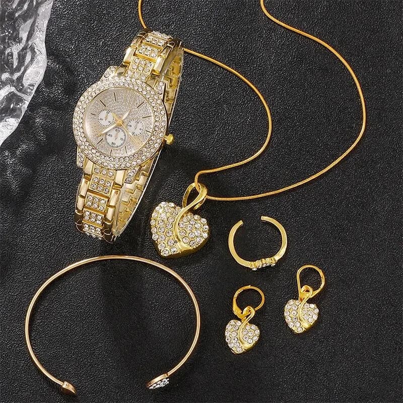 Women's Quartz Watch, Luxury Jewelry Set with Ring, Necklace, Earrings and Wrist Watch with Rhinestones, Fashion Casual for Ladies