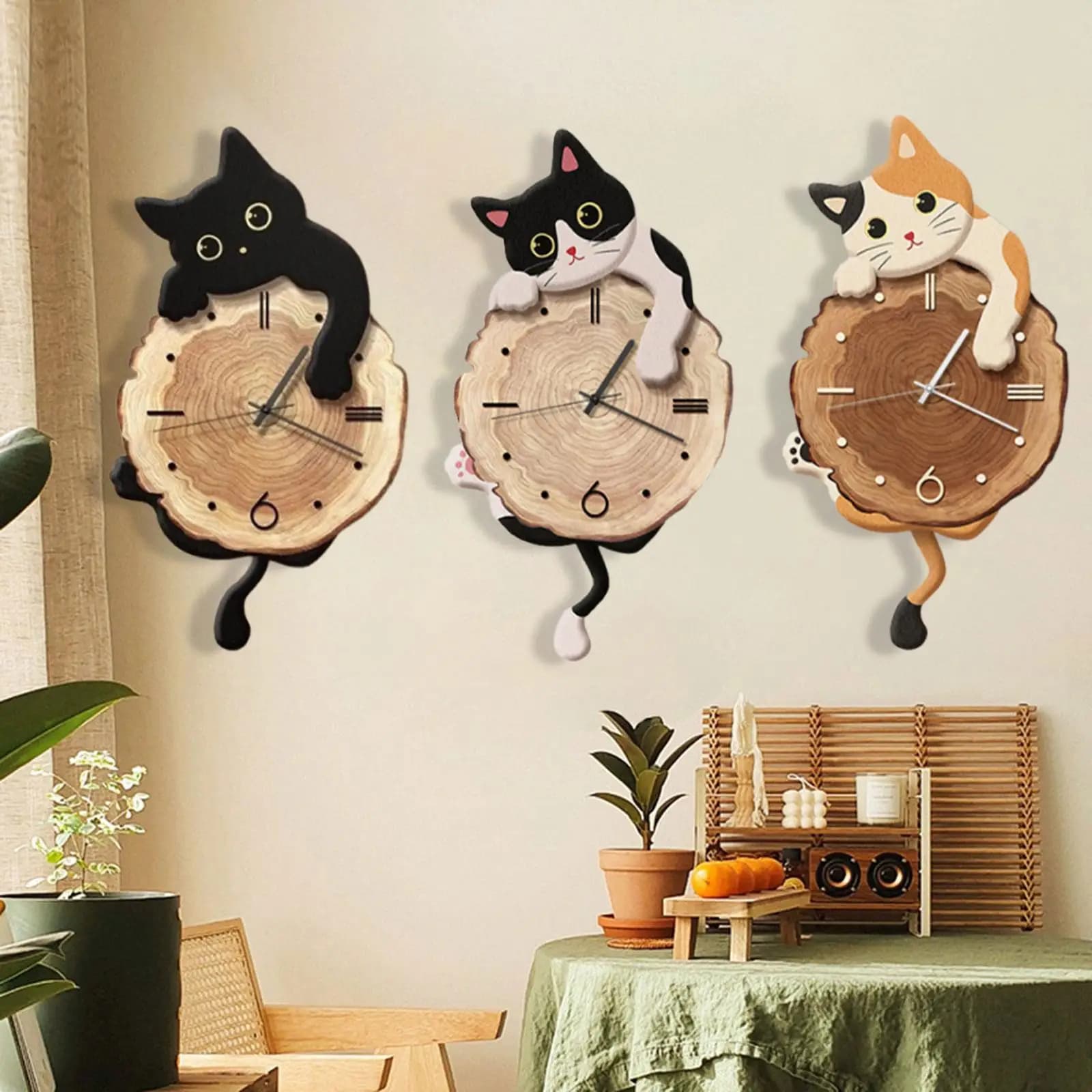Orologio da parete per gatti Animale con coda oscillante Simpatico pendolo Orologio decorativo per cucina Camera da letto Sala da pranzo Soggiorno Interno