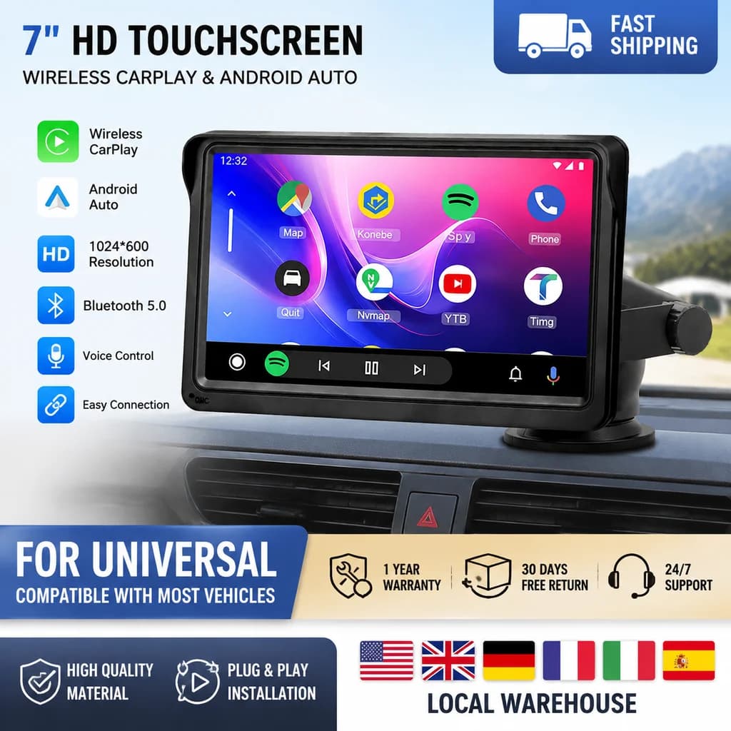 Hippcron Portable Car Radio Car Monitor Wireless CarPlay Android Auto 7inch IPS Touch Screen Support Camera TF Aux Mirrorlink