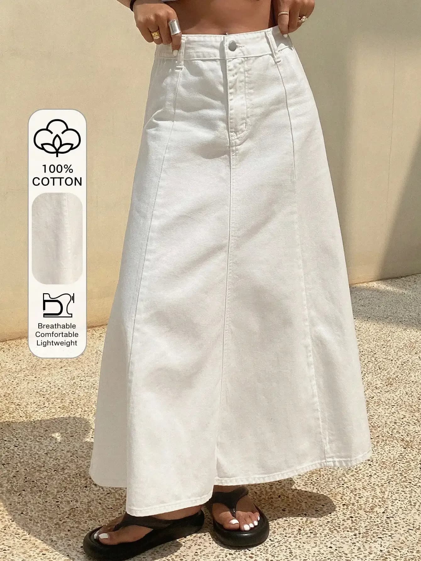 Gonna midi in denim bianco a trapezio da donna, 100% cotone, abbigliamento casual estivo