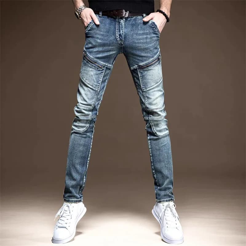 Primavera autunno Vintage moto cerniera Designer classico Slim Splice Cowboy Streetwear anni '90 Slim Punk Cowboy lavoro Jeans uomo pantaloni