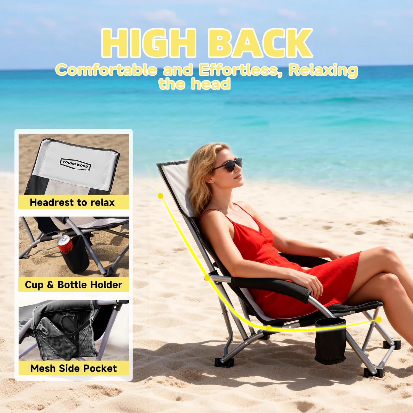 Black high beach camping chair, oversized breathable mesh cushion, 350 pound load-bearing portable chair with cup holder