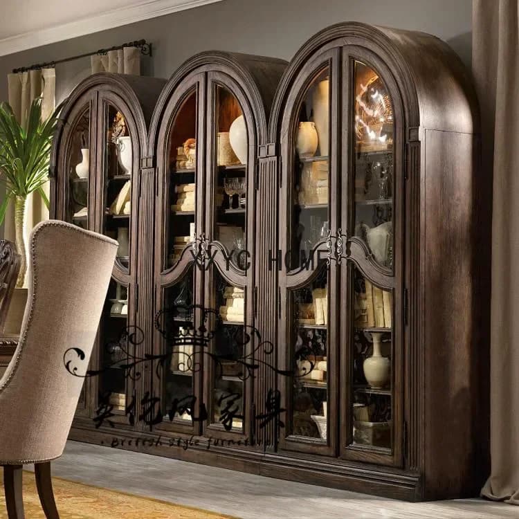 Mobile Cantinetta Vini a Due Ante in Legno Massello Stile Francese, Libreria con Ante in Vetro Antico Stile Americano ed Europeo
