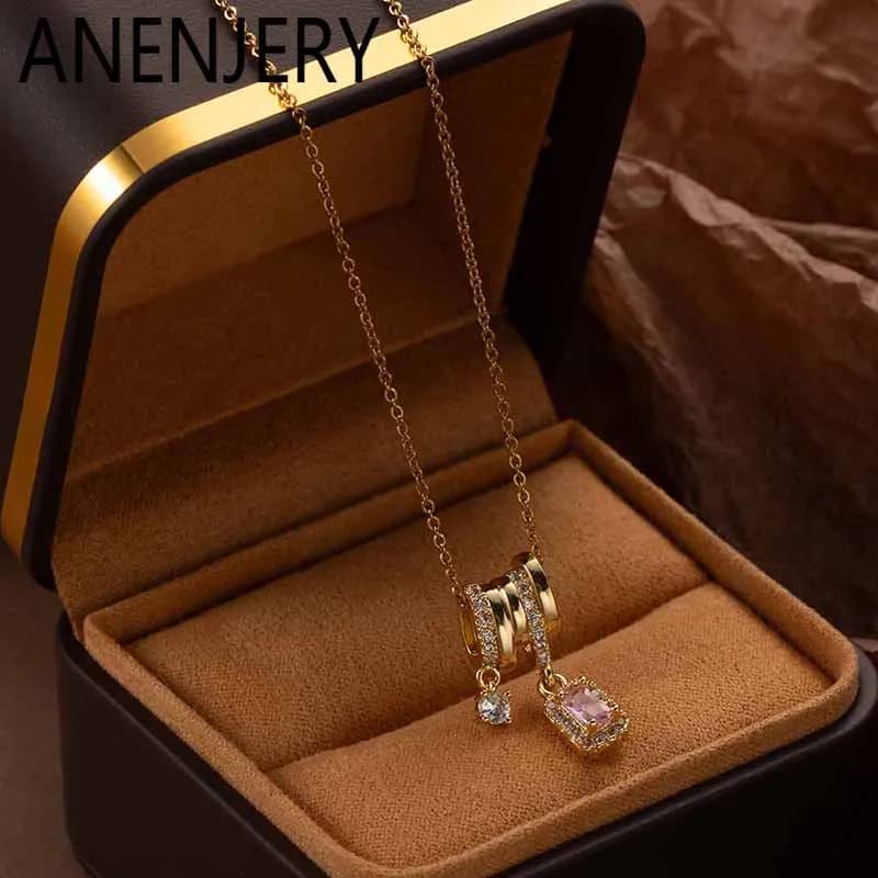 ANENJERY 316L Stainless Steel Shiny Colorful Zircon Pendant Necklace For Women French Romantic Luxury Design Jewelry Wholesale