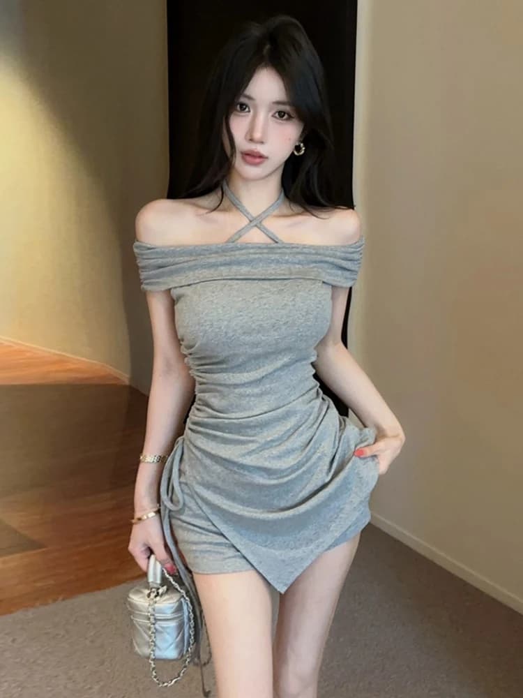 Sexy Shoulder Bared One Shoulder Short Sleeve Bodycon Anti Exposure Shorts Set Low Waist Flared Pants Pure Color Casual Wear