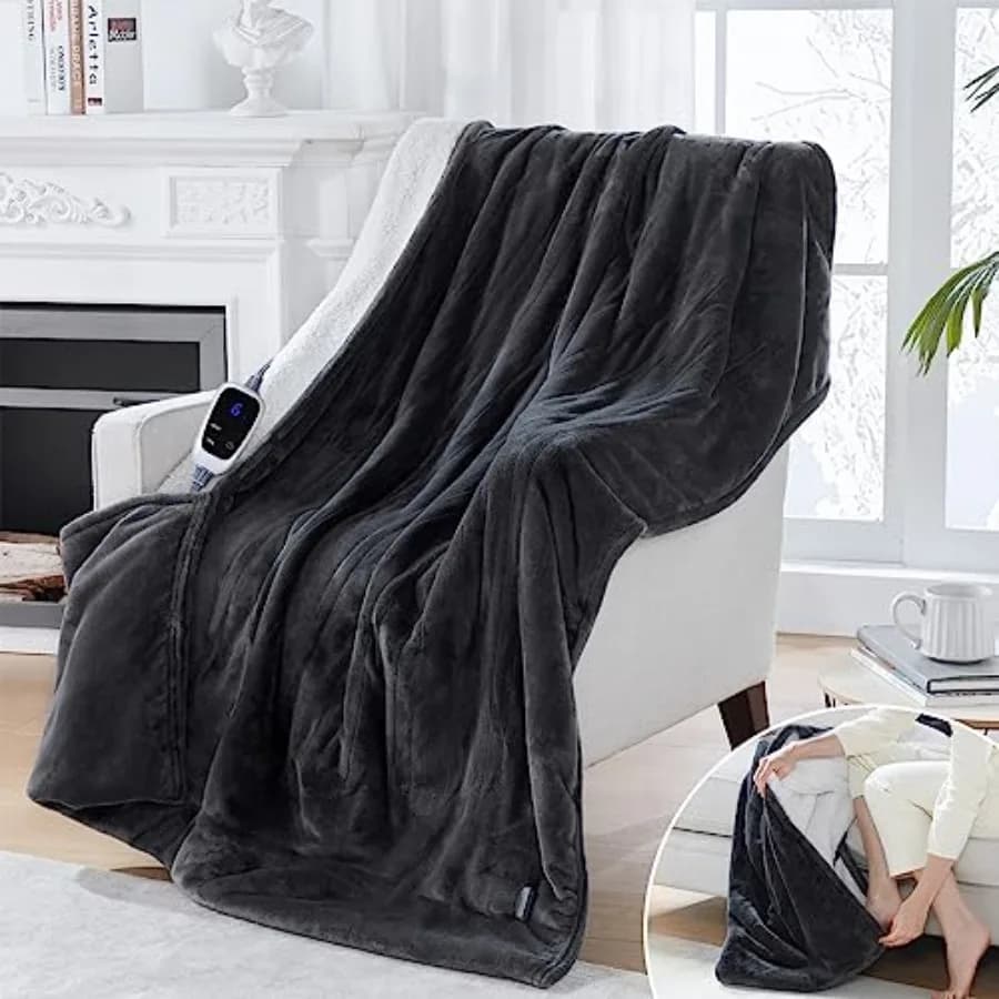 Coperta Elettrica con Tasca per i Piedi per Adulti, in Flanella e Sherpa, con 6 Livelli di Riscaldamento e Funzione Auto-Off da 2-10 Ore