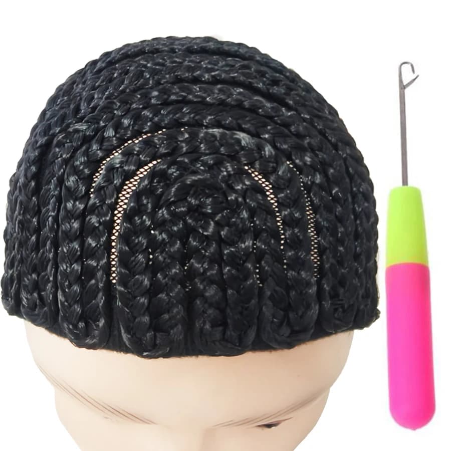 Cuffia per parrucca intrecciata traspirante con treccia di capelli all'uncinetto per parrucche sintetiche stabili (nera), cuffia per parrucca intrecciata facile da cucire con ganci all'uncinetto