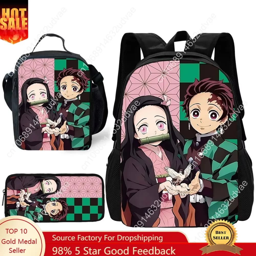 Zaino scolastico per bambini Anime D-demons Slayers con borse per il pranzo, borse per matite, borse per la scuola per ragazzi e ragazze, miglior regalo