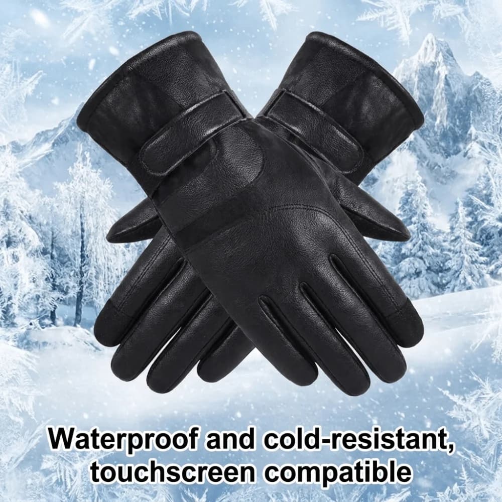 Faux Leather Winter Men Gloves Windproof Thick Fleece Lined Motorcycle Gloves Non-Slip Adjustable Cuff Strap Touchscreen Gloves