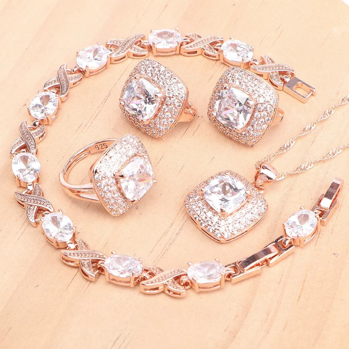 Set di gioielli da sposa in argento 925 per donna colore oro rosa zircone bianco fedi nuziali bracciali orecchini collana con ciondolo Set