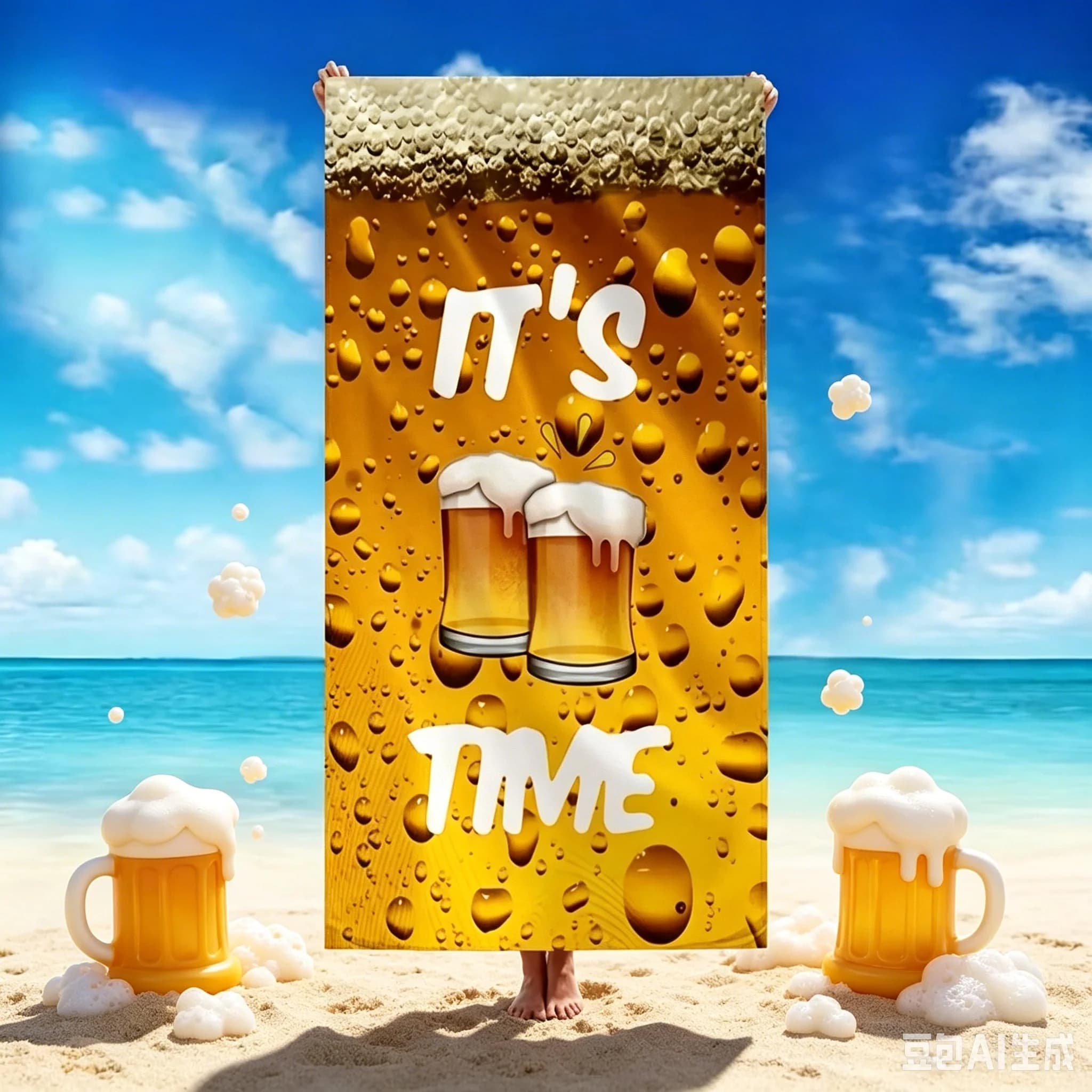 Divertente asciugamano da spiaggia a tema birra, design It Is Time, protezione solare, antivento, leggero, ad asciugatura rapida, per campeggio, piscina, viaggi