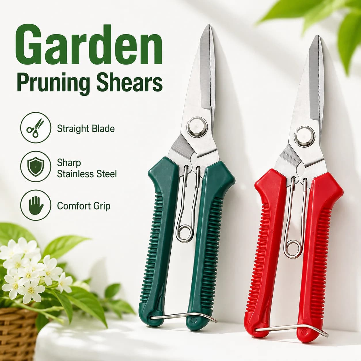 2PCS Garden Pruning Shears Set 190mm Straight Blade Plant Trimmer Red Green Stainless Steel Cutter for Bonsai Flowers Home Use