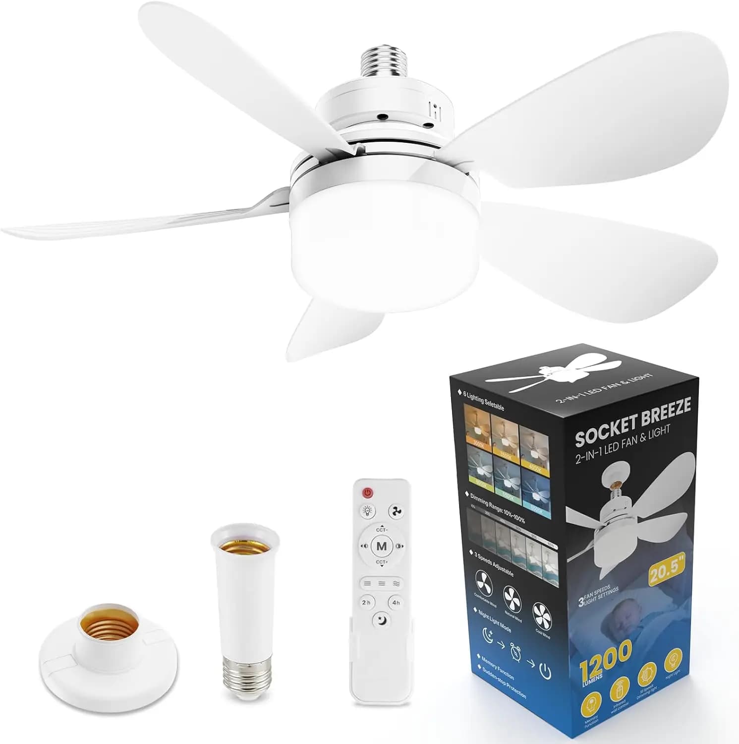 Ventilatore da soffitto da 20,5 pollici con luce e telecomando, dimmerabile 3CCT, silenzioso 24dB, montaggio a filo, luce notturna per camera da letto e soggiorno