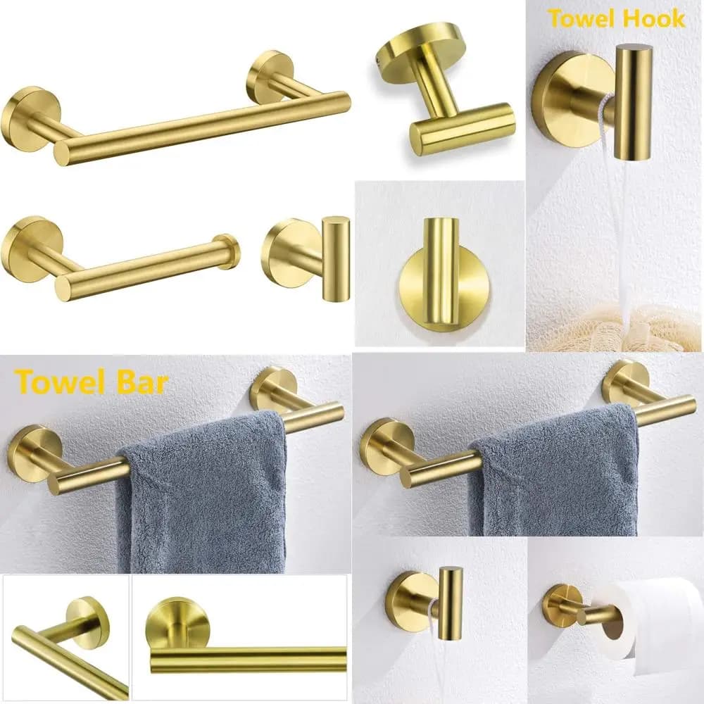 Set di accessori da bagno in oro spazzolato da 3 pezzi in acciaio inossidabile con portasciugamani a parete e porta carta igienica