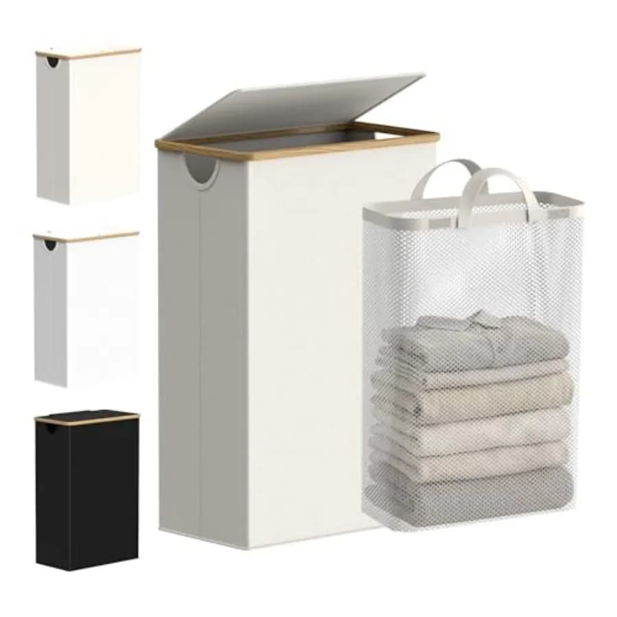 Slim Laundry Basket with Lid, Narrow Laundry Hamper with Removable Bag, Skinny Dirty Clothes Basket with Bamboo Handles for Bat