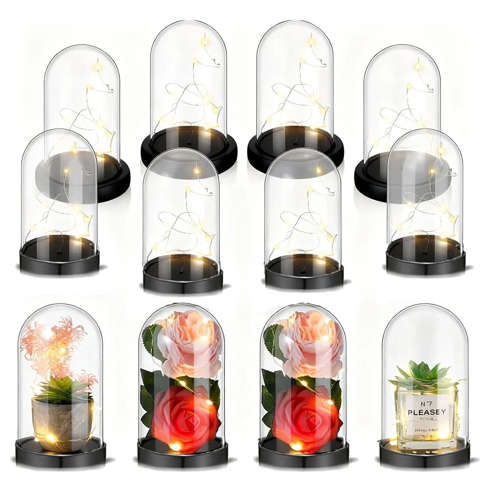 Scatola Decorativa con Cupola in Plastica Trasparente da 10cm, Base Inclusa, Ideale per Conservare Fiori Eterni e Regali