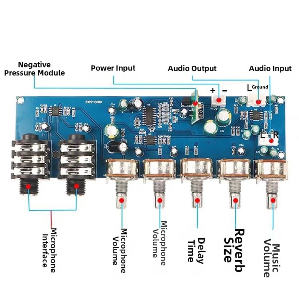 PT2399 Karaoke Microphone Preamp Board With For Echo Reverb Delay Effect Audio Mixer For DIY Sound System 12V DC Blue PCB