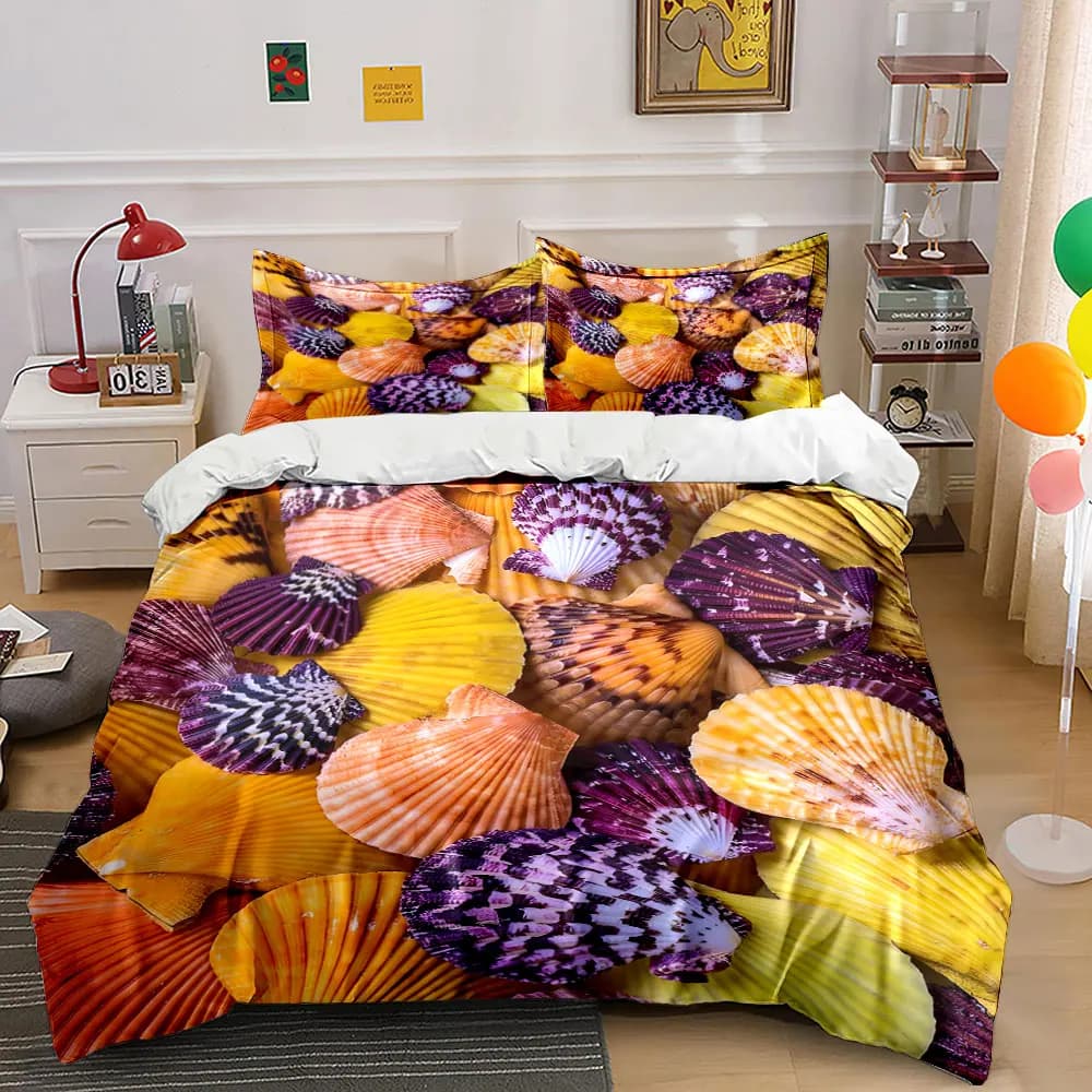Set di biancheria da letto decorativa con conchiglie colorate, con 1 copripiumino, 2 federe, singolo, matrimoniale, king, queen, regalo