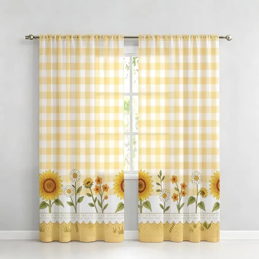 2PCS Digital Print Sheer Curtain, Yellow Plaid Sunflower Summer Floral Window Drapes for Living Room Bedroom Home Decor