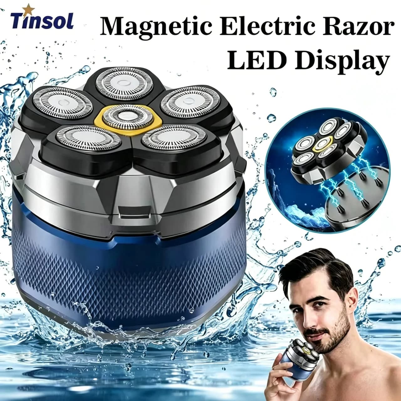 Rasoio Elettrico TINSOL in Titanio per Uomini Calvi, Rasoio Magnetico 6D, Tagliacapelli Ricaricabile LED Impermeabile per Viso