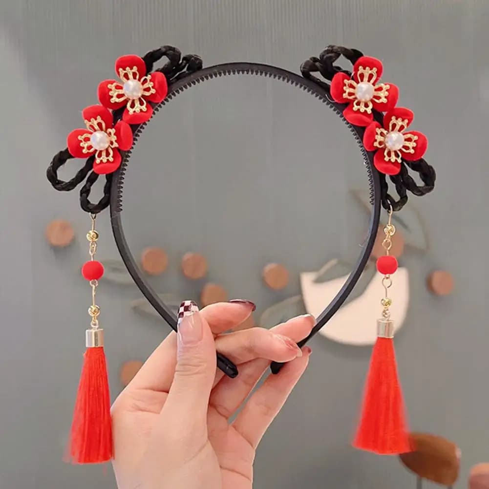 Fermagli per capelli, Cerchietti per capelli, Parrucche intrecciate per ragazze, Cerchietti per capelli con nappe e fiori per ragazze, Accessori per capelli per Capodanno, Copricapo per acconciature Hanfu