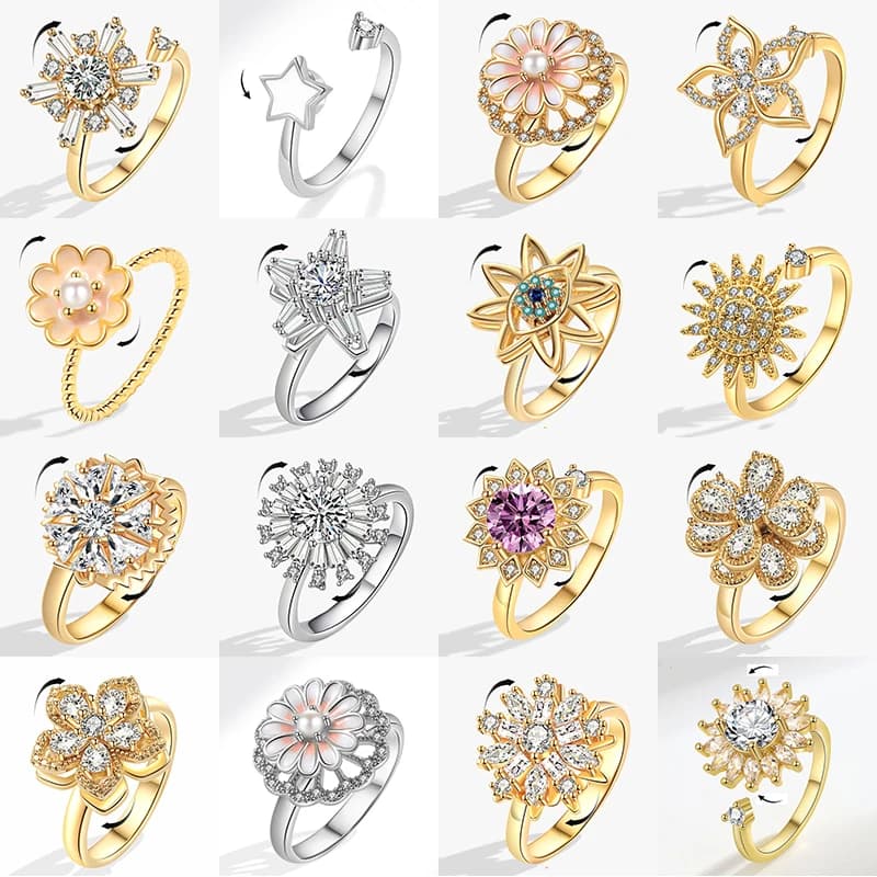 SMJEL Anelli Girevoli Antistress di Lusso con Cristalli per Donne, Graziosi Anelli Rotanti a Forma di Fiore di Sakura, Margherita e Rosa, Regalo Antistress