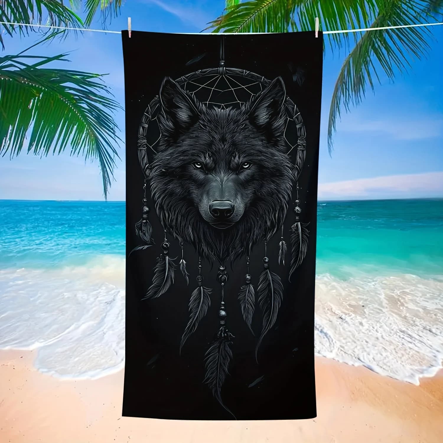 Black Wolf Dreamcatcher Beach Towel, Tribal Wolf Art, Quick Dry Microfiber, Oversized for Beach Pool, Gift for Him