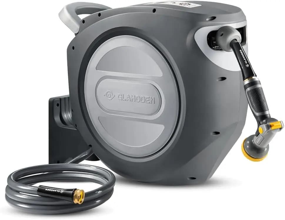 Avvolgitubo da Giardino Retrattile 1/2 pollice x 130 piedi, Montaggio a Parete Resistente con Ugello a 9 Getti, Ritrazione Lenta, Resistente ai Raggi UV, 3/4 pollice