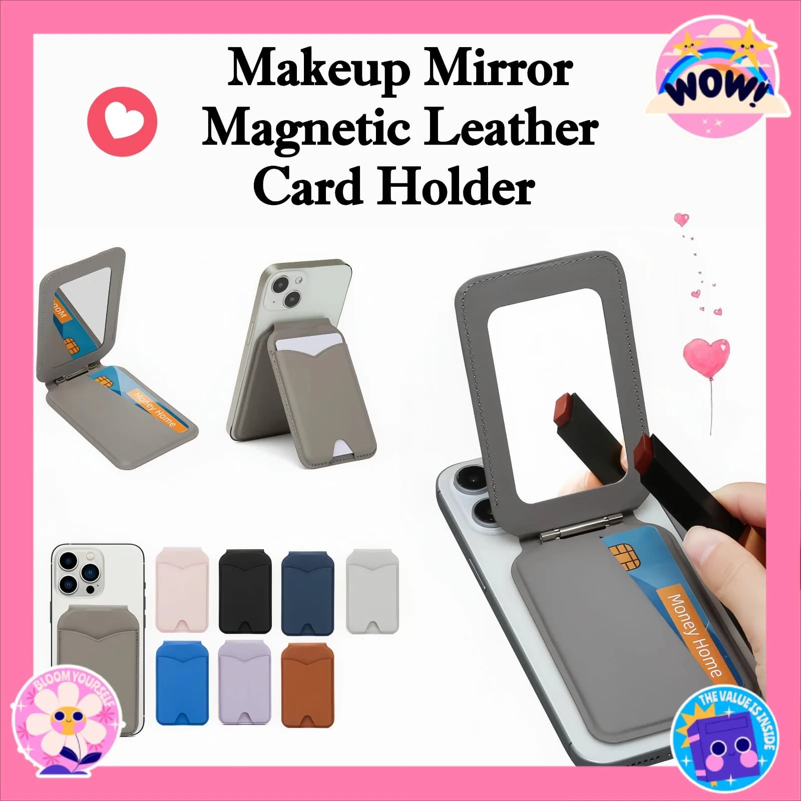 Portafoglio Coreano alla Moda con Supporto Magnetico e Specchio per il Trucco per iPhone 17 Pro Max, Supporto Regolabile in Pelle PU con Porta Carte
