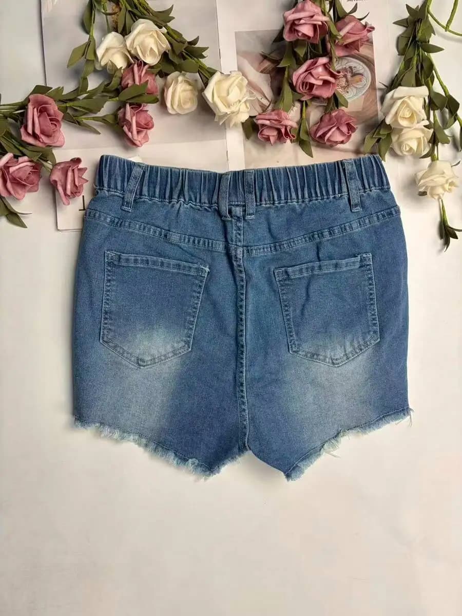 Womens Elastic Waist Frayed Hem Distressed Denim Shorts Casual Summer Wear