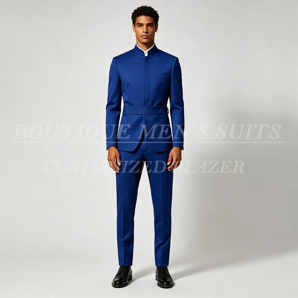Fashion Men's Suits Customized Hidden Button Stand Lapel 2 Piece Jacket Pants Outfits Fashion Slim Fit Male Clothing Costume
