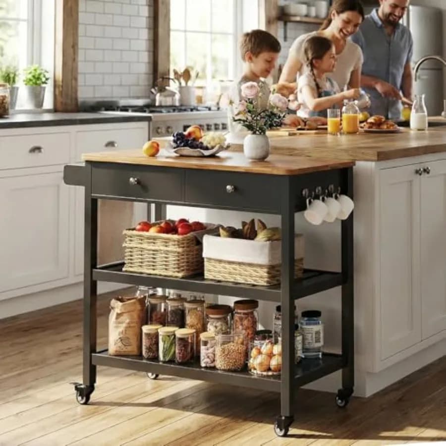 Carrello da Cucina con Isola e Spazio di Stoccaggio, Piano in Legno da 40'', 2 Ripiani Spaziosi, Portasciugamani e 2 Cassetti, Carrello Mobile su Base in Metallo