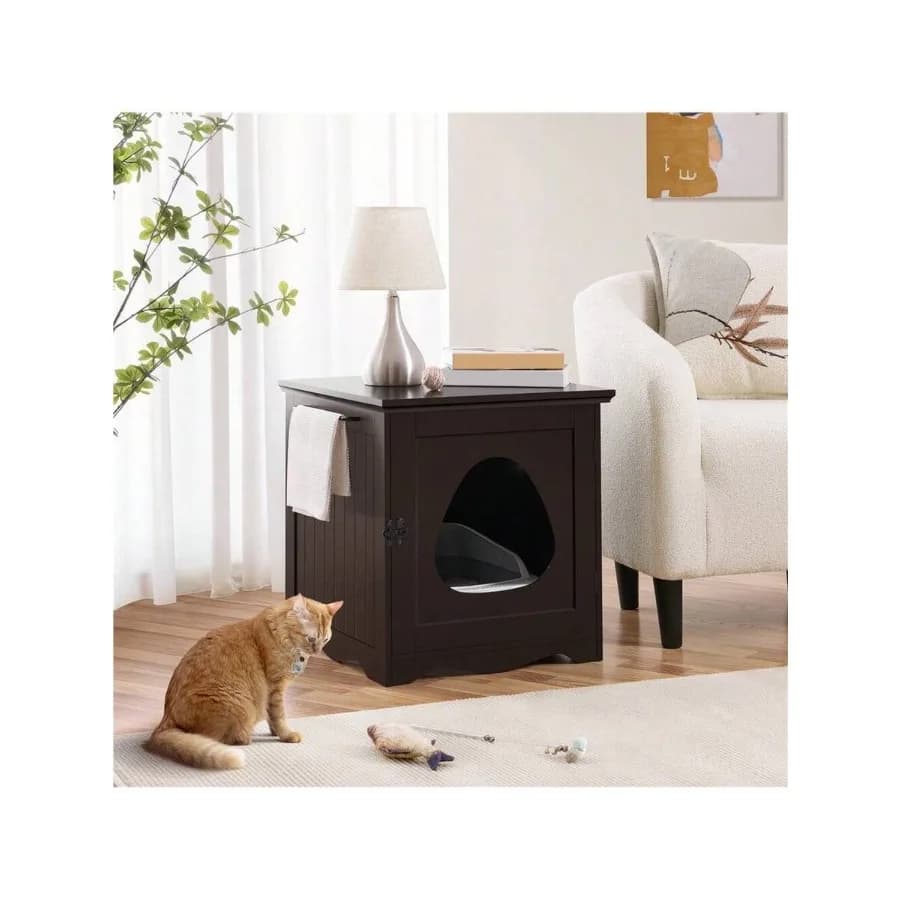 【Nuovo stile】Butterslay Lettiera Decorativa Chiusa per Gatti, Tavolino Laterale in Legno per Animali Domestici da Interno con Portasciugamani