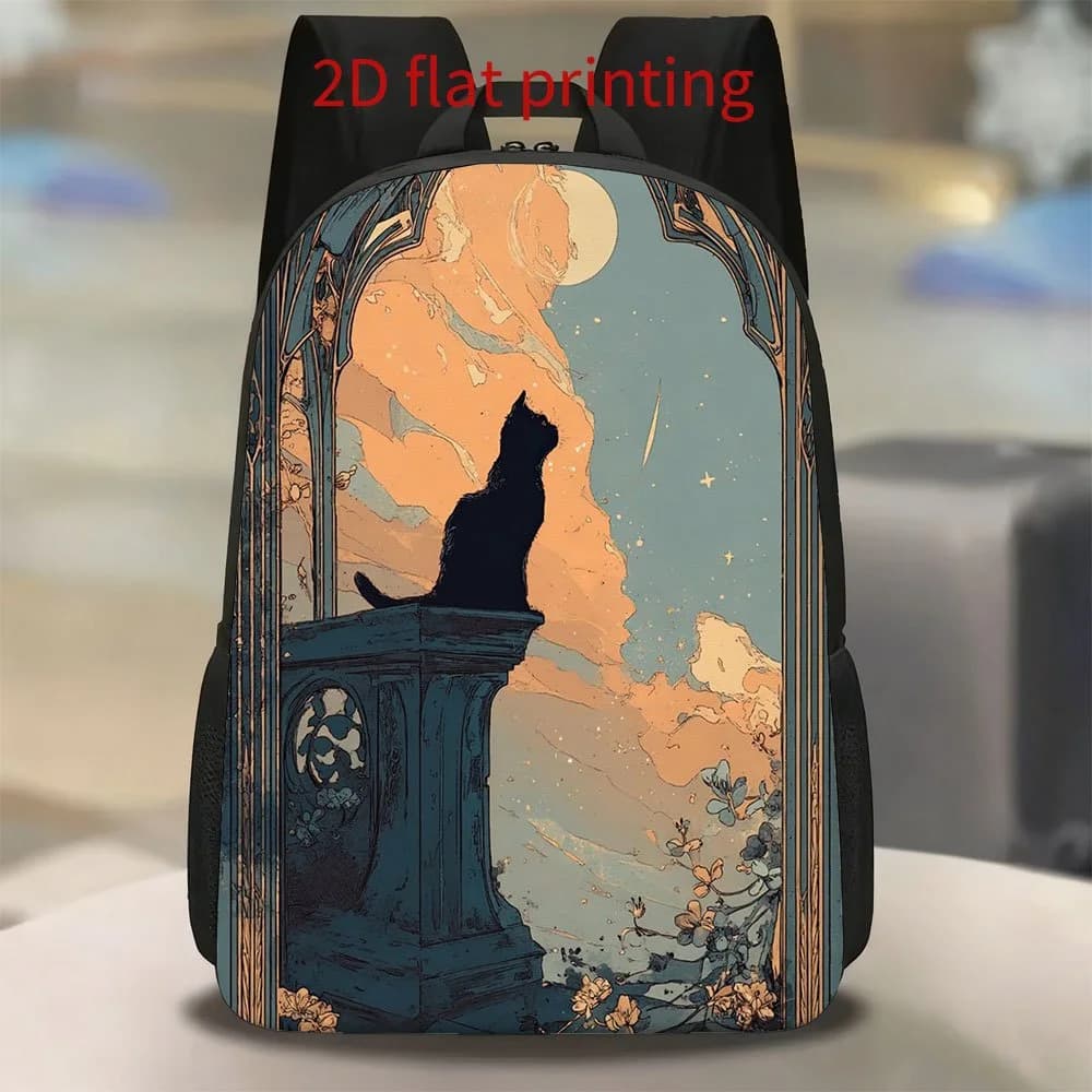 A black backpack with moonlight cat motif | Cute, light, of great capacity, with adjustable shoulder straps for daily commuting