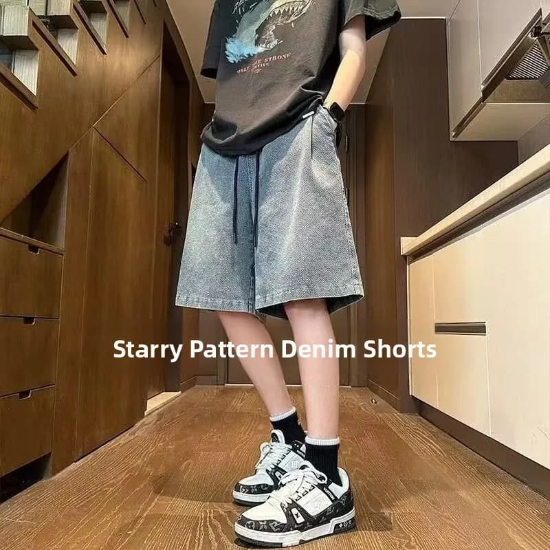 Summer Thin Starry Pattern Men's Jeans Shorts Straight Loose Fit Five-Quarter Length Cotton Blend Wear-Resistant Modern S...