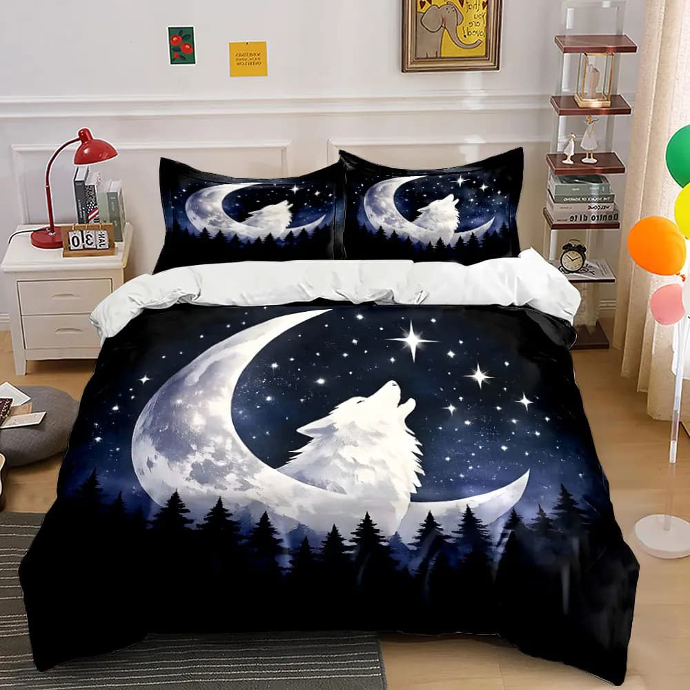 Wolf, moon, stars, trees. Print Bedding Set 1 Duvet Cover 2 Pillowcases for Adult and Children Luxury Gift Full Size