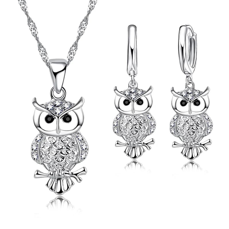 Shining Full African AAA Crystal Owl Pendant Necklace Earrings Sets Women Best Gifts 925 Sterling Silver Color Party Accessory
