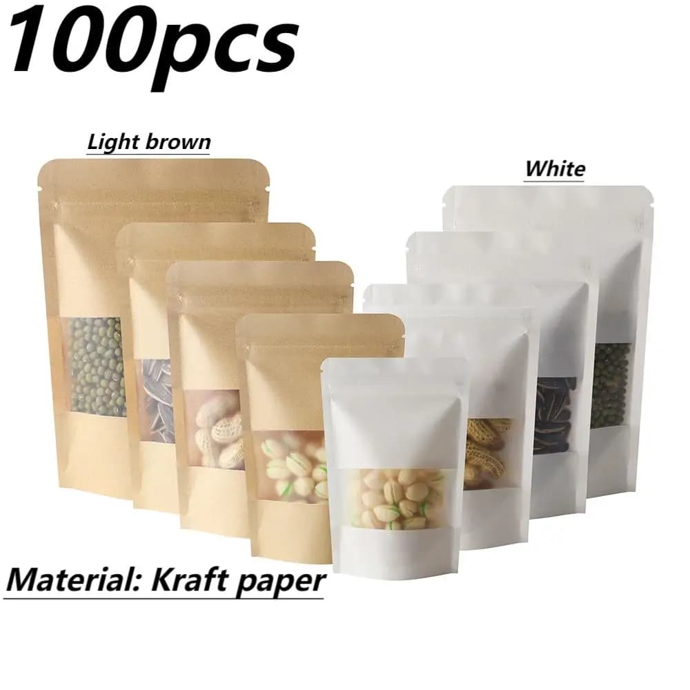 100 buste stand-up con finestra visibile opaca kraft, snack, frutta secca, conservazione del tè, sacchetti autosigillanti con cerniera, sigillo kraft